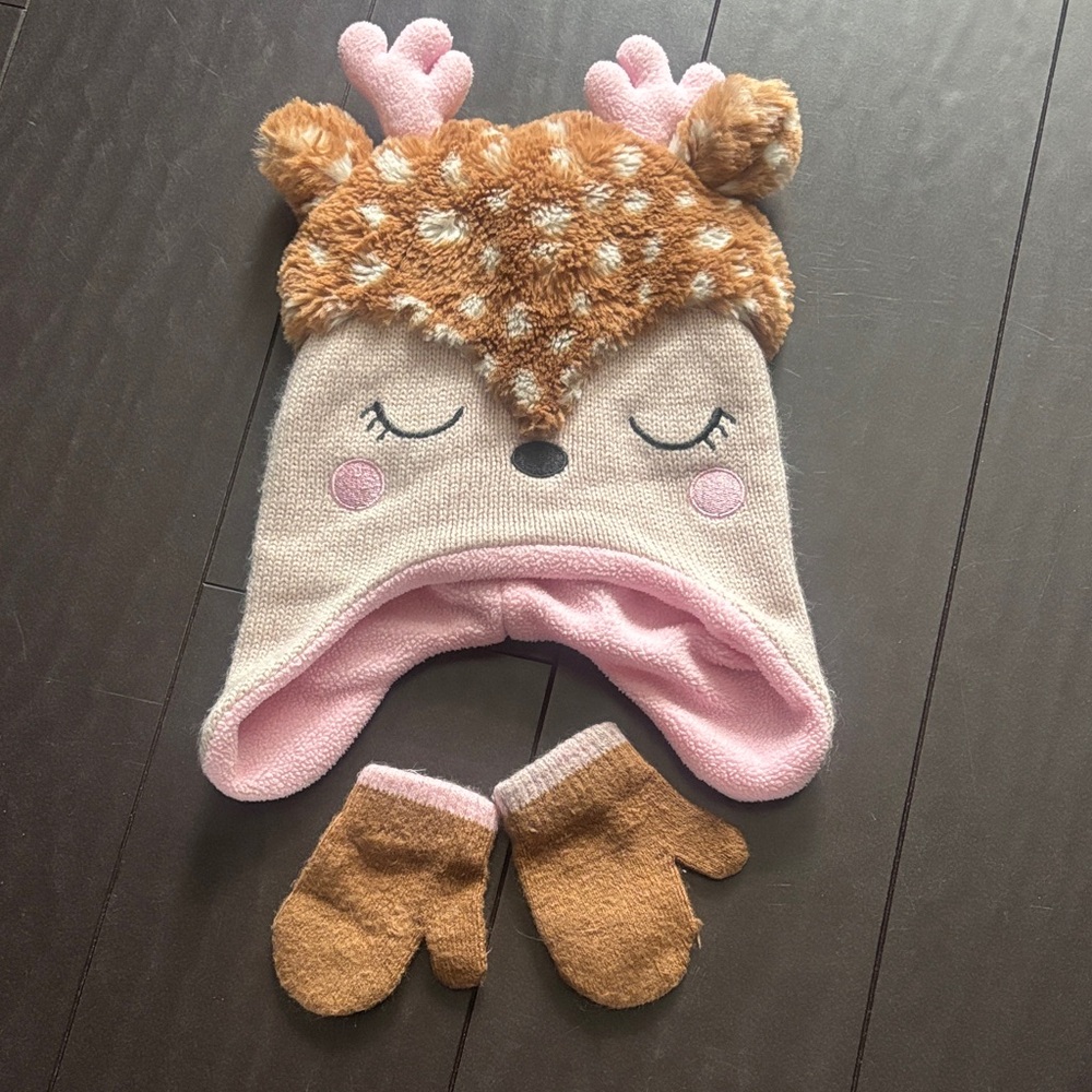 Kohl's Pink and Brown Deer Hat and Mittens Set